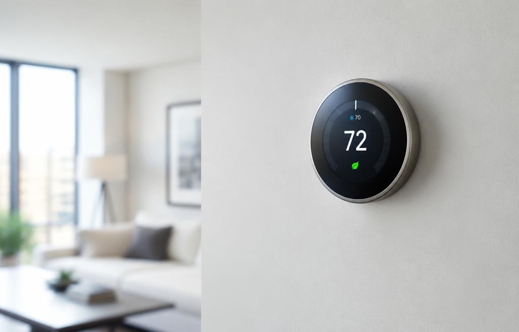Smart thermostat on a wall showing 72 degrees
